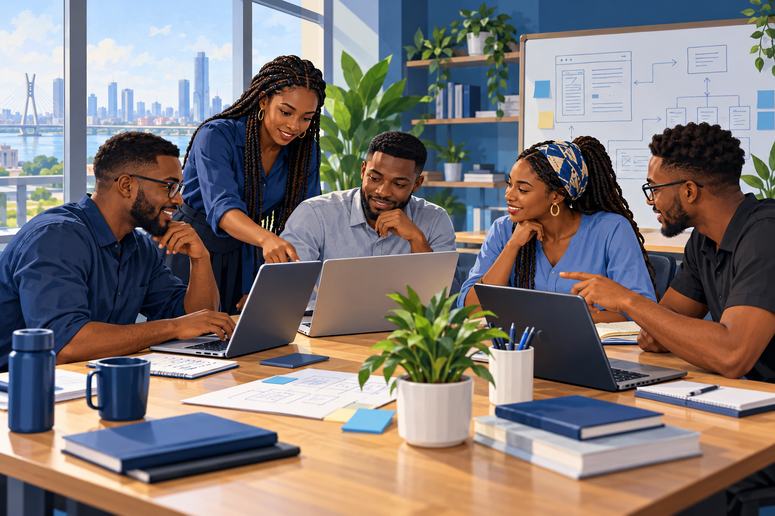 Illustration of a software team collaborating around laptops in an office